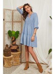 Lin Passion Lniana sukienka w kolorze błękitnym rozmiar: 40/42. Niebieskie sukienki Lin Passion, bez wzorów, ze lnu, klasyczne, bez kołnierzyka, bez ramiączek, mini. Za 173.99 zł.