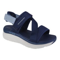 Sandały damskie, Skechers D'Lux Walker Kind Mind. Niebieskie sandały Skechers, bez wzorów, sportowe, bez obcasa, bez zapięcia. Za 299.99 zł.