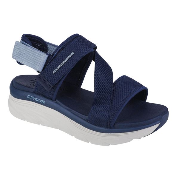 Sandały damskie, Skechers D'Lux Walker Kind Mind. Niebieskie sandały Skechers, bez wzorów, sportowe, bez obcasa, bez zapięcia. Za 299.99 zł.