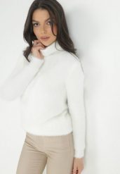 Biały Golf Wełniany Karle. Białe golfy Born2be, m, bez wzorów, z tkaniny, bez ramiączek. Za 34.99 zł.