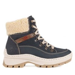 Botki Rieker. Niebieskie botki Rieker, bez wzorów, bez obcasa, na płaskiej podeszwie, bez zapięcia. Za 272.99 zł.