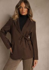 Brązowa Marynarka z Ozdobnym Wiązaniem z Boku w Talii Nenarie. Brązowe marynarki i żakiety Renee, l, z aplikacjami, z jeansu, eleganckie. Za 149.99 zł.