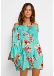 Tunika plażowa z wiskozy. Niebieskie tuniki bonprix, na plażę, bez wzorów, z wiskozy, eleganckie, bez kołnierzyka, bez ramiączek. Za 114.99 zł.