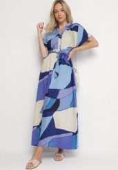 Niebieska Sukienka Rozkloszowana z Wiskozy w Geometryczny Wzór z Paskiem Ranislla. Niebieskie sukienki Born2be, na co dzień, l, bez wzorów, z wiskozy, eleganckie, bez kołnierzyka, bez ramiączek, maxi, rozkloszowane. Za 79.99 zł.