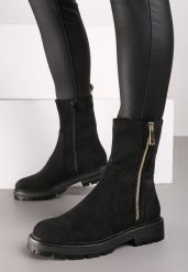 Czarne Botki na Płaskiej Podeszwie z Ozdobnym Zamkiem Błyskawicznym Jaliefra. Czarne botki Renee, z aplikacjami, z jeansu, bez obcasa, na płaskiej podeszwie, bez zapięcia. Za 109.99 zł.