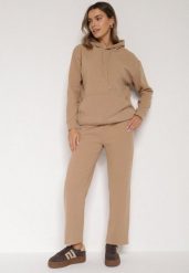 Ciemnobeżowy Bawełniany Komplet Dresowy z Bluzą i Spodniami Zansira. Brązowe bluzy Born2be, l, bez wzorów, z bawełny, z kapturem. Za 99.99 zł.