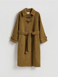 Płaszcz z wiązaniem - oliwkowy. Zielone płaszcze Reserved, l, bez wzorów, z tkaniny, bez kaptura. Za 299.99 zł.