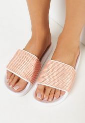 Pomarańczowe Klapki z Szerokim Paskiem i Cyrkoniami Olitia. Brązowe klapki Born2be, bez wzorów, bez obcasa, na płaskiej podeszwie. Za 34.99 zł.