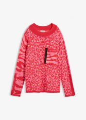 Sweter z cienkiej dzianiny ze zwierzęcym nadrukiem. Zielone swetry bonprix, bez wzorów, z dzianiny, bez ramiączek. Za 169.99 zł.