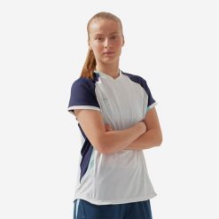 Koszulka do piłki nożnej damska Kipsta prosty krój. Białe bluzki KIPSTA, xl, bez wzorów, z materiału, sportowe, bez kołnierzyka, bez ramiączek. W wyprzedaży za 59.99 zł.