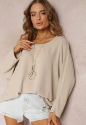 Beżowa Bluzka o Fasonie Nietoperza z Naszyjnikiem Kenola. Brązowe bluzki Renee, bez wzorów, eleganckie, bez kołnierzyka, bez ramiączek. W wyprzedaży za 45.49 zł.
