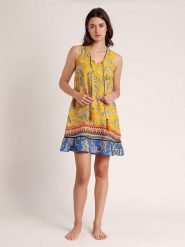 Admas Sukienka w kolorze żółto-niebieskim rozmiar: L. Żółte sukienki Admas, l, bez wzorów, z wiskozy, bez kołnierzyka, bez ramiączek, mini. Za 82.99 zł.