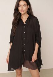 Czarna Zwiewna Koszula Letnia Oversize z Bawełny o Nietoperzowym Kroju Canomela. Czarne koszule Born2be, l, bez wzorów, z bawełny, eleganckie, bez kołnierzyka, bez ramiączek. Za 139.99 zł.