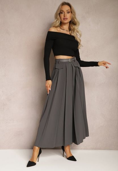 Ciemnoszara Plisowana Spódnica o Rozkloszowanym Fasonie z Paskiem Madranima. Szare spódnice Renee, do pracy, s, bez wzorów, biznesowe, maxi, rozkloszowane. Za 149.99 zł.