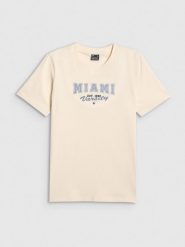 4F T-shirt regular z nadrukiem damski - beżowy XL. Brązowe t-shirty 4f, xl, bez wzorów, bez kołnierzyka, bez ramiączek. Za 59.99 zł.