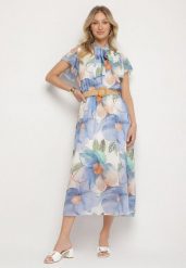 Jasnoniebieska Sukienka o Rozkloszowanym Kroju z Wiązaniem przy Dekolcie i Paskiem Sorilina. Niebieskie sukienki Born2be, na co dzień, l, bez wzorów, eleganckie, bez kołnierzyka, bez ramiączek, mini, rozkloszowane. Za 129.99 zł.