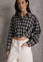 Czarna Koszula z Bawełny Typu Crop w Kratę Ozdobiona Marszczeniem Risettes. Czarne koszule Renee, m, bez wzorów, z bawełny, bez kołnierzyka, bez ramiączek. Za 109.99 zł.