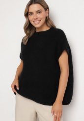 Czarny Sweter z Bawełną o Kroju Nietoperza Nilanissea. Czarne swetry Born2be, bez wzorów, z bawełny, bez ramiączek. Za 159.99 zł.