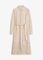 Sukienka szmizjerka z ażurowym haftem. Brązowe sukienki bonprix, w ażurowe wzory, eleganckie, bez kołnierzyka, bez ramiączek, szmizjerki. Za 99.99 zł.