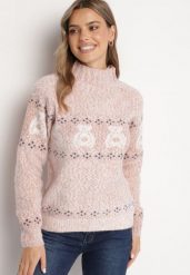Ciemnoróżowy Sweter z Wełną w Misiowy Wzór ze Ściągaczami Dorizelle. Czerwone swetry Born2be, l, bez wzorów, z wełny, bez ramiączek. Za 59.99 zł.