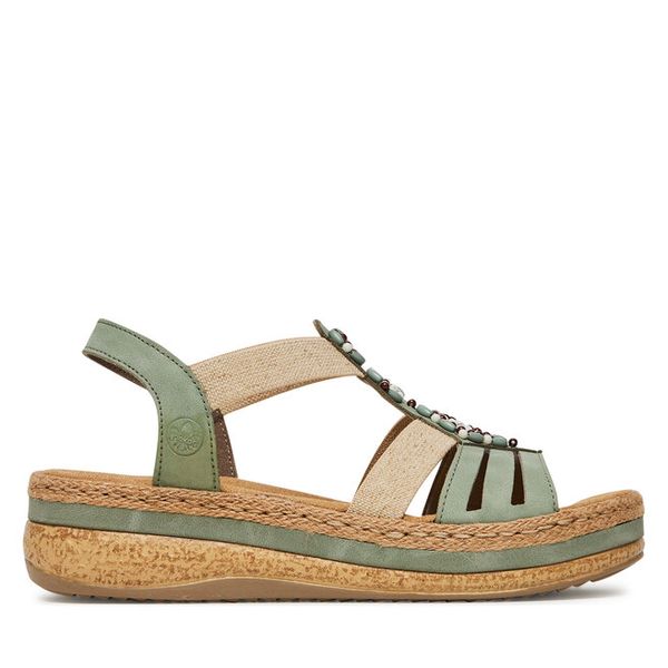 Sandały Rieker. Zielone sandały Rieker, bez wzorów, bez obcasa, na koturnie, bez zapięcia. Za 339.99 zł.