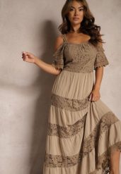 Brązowa Koronkowa Sukienka z Wiskozą o Rozkloszowanym Kroju na Ramiączkach Leris. Brązowe sukienki Renee, na co dzień, na lato, s, bez wzorów, z koronki, eleganckie, bez kołnierzyka, bez ramiączek, maxi, kopertowe. Za 144.99 zł.