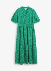 Szeroka sukienka midi z czystej bawełny. Zielone sukienki bonprix, bez wzorów, z bawełny, bez kołnierzyka, bez ramiączek, midi. Za 124.99 zł.