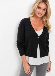 Sweter rozpinany z dzianiny o splocie drobnych oczek. Niebieskie kardigany bonprix, bez wzorów, z dzianiny. Za 97.99 zł.