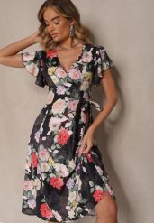 Czarna Kopertowa Sukienka w Kwiaty Atesalia. Czarne sukienki Renee, na co dzień, na wiosnę, m, bez wzorów, eleganckie, bez kołnierzyka, bez ramiączek, midi, kopertowe. Za 84.99 zł.