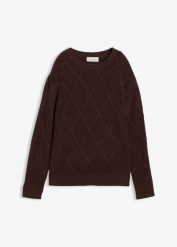 Sweter oversize z warkoczami. Brązowe swetry bonprix, bez wzorów, bez ramiączek. Za 134.99 zł.