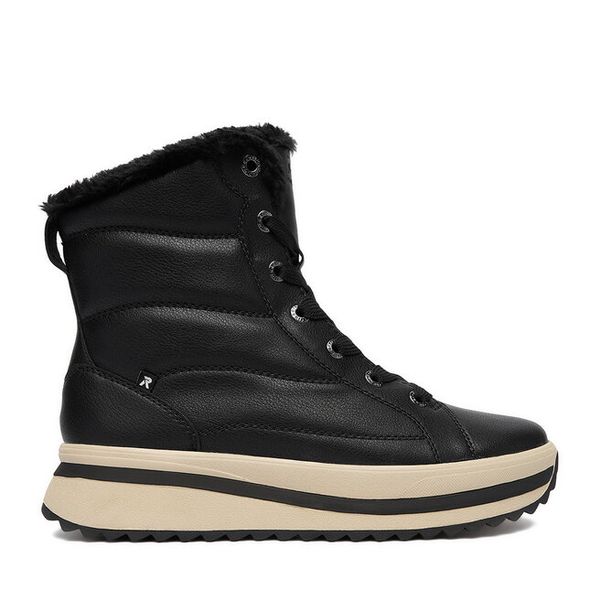 Trzewiki Rieker. Czarne botki Rieker, bez wzorów, bez obcasa, na płaskiej podeszwie, bez zapięcia. Za 499.99 zł.