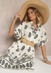 Czarno-Kremowa Sukienka z Wiskozy w Stylu Boho o Pudełkowym Kroju z Rozcięciami Virbia. Czarne sukienki Renee, na co dzień, l, bez wzorów, z wiskozy, boho, bez kołnierzyka, bez ramiączek, midi. Za 74.99 zł.