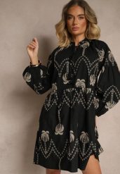 Czarna Bawełniana Sukienka Ozdobiona Palmowym Haftem Sarlio. Czarne sukienki Renee, na imprezę, m, bez wzorów, z bawełny, eleganckie, bez kołnierzyka, bez ramiączek, mini. Za 139.99 zł.