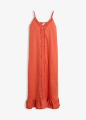 Sukienka maxi z czystego lnu. Brązowe sukienki bonprix, na lato, bez wzorów, bez kołnierzyka, bez ramiączek, maxi. Za 329.99 zł.