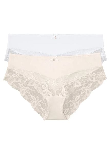 Figi panty z delikatną koronką (2 pary). Białe figi bonprix, bez wzorów, z bawełny. Za 67.99 zł.