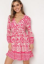 Różowo-Białe Rozkloszowana Sukienka z Wiskozy z Ozdobnym Marszczeniem i Gumką z Tyłu Jolilama. Czerwone sukienki Born2be, na co dzień, m, bez wzorów, z wiskozy, eleganckie, bez kołnierzyka, bez ramiączek, mini, proste. Za 79.99 zł.