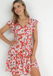 Czerwona Sukienka Mini z Wiskozy z Gumką w Pasie i Falbankami Nidi. Czerwone sukienki Born2be, na imprezę, m, bez wzorów, z wiskozy, bez kołnierzyka, bez ramiączek, mini. Za 74.99 zł.