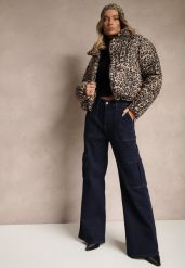 Granatowe Jeansy z Bawełną o Szerokim Kroju High Waist z Kieszeniami Cargo Phirinna. Niebieskie jeansy Renee, l, bez wzorów, z podwyższonym stanem. Za 59.99 zł.
