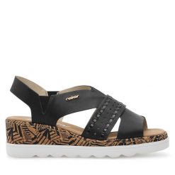 Sandały Rieker. Czarne sandały Rieker, bez wzorów, bez obcasa, na koturnie, bez zapięcia. Za 319.99 zł.