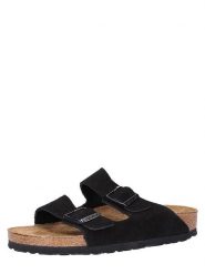Birkenstock Skórzane klapki "Arizona" w kolorze czarnym rozmiar: 40. Czarne klapki Birkenstock, bez wzorów, ze skóry, z otwartym noskiem, bez obcasa. Za 372.01 zł.