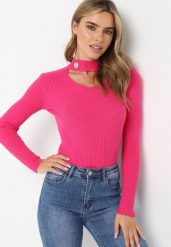 Różowy Sweter z Golfem z Ozdobnym Wycięciem Essine. Czerwone golfy Born2be, bez wzorów, bez ramiączek. Za 59.99 zł.