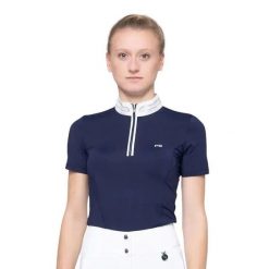 Damska koszulka polo na zawody Premier Equine Maria Diamante. Niebieskie koszulki polo PREMIER EQUINE, z aplikacjami, z bawełny, bez kołnierzyka, bez ramiączek. Za 297.50 zł.