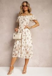Beżowa Sukienka w Kwiecisty Wzór z Bufkami w Ramionach i Hiszpańskim Dekoltem Nibbia. Brązowe sukienki Renee, uniwersalny, bez wzorów, eleganckie, bez kołnierzyka, bez ramiączek, midi. Za 134.99 zł.