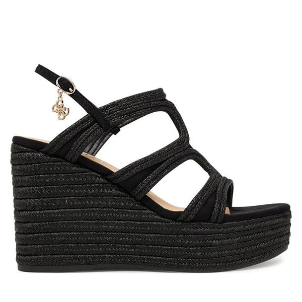 Sandały Guess. Czarne sandały Guess, z aplikacjami, bez obcasa, na koturnie, bez zapięcia. Za 679.99 zł.