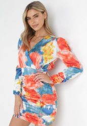 Pomarańczowo-Niebieska Taliowana Sukienka Mini z Głębokim Dekoltem i Marszczonym Dołem Rinoa. Brązowe sukienki Born2be, l, bez wzorów, bez kołnierzyka, bez ramiączek, mini, kopertowe. Za 149.99 zł.