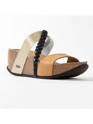Sunbay Klapki "Palta" w kolorze beżowo-czarnym na koturnie rozmiar: 37. Brązowe klapki Sunbay, bez wzorów, z materiału, z otwartym noskiem, bez obcasa, na koturnie. Za 164.95 zł.