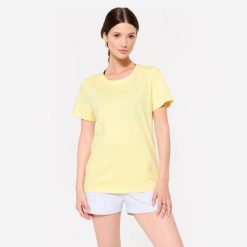 Koszulka damska Domyos Gym & Pilates. Żółte bluzki DOMYOS, xl, bez wzorów, z bawełny, sportowe, bez kołnierzyka, bez ramiączek. W wyprzedaży za 24.99 zł.