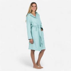 Second Life - Szlafrok na basen damski Decathlon Compact... - Stan Doskonały. Zielone szlafroki DECATHLON, l, bez wzorów, z materiału, bez ramiączek, z kapturem. Za 66.99 zł.