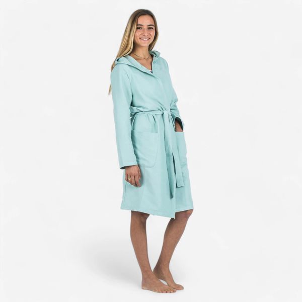 Second Life - Szlafrok na basen damski Decathlon Compact... - Stan Doskonały. Zielone szlafroki DECATHLON, l, bez wzorów, z materiału, bez ramiączek, z kapturem. Za 75.99 zł.