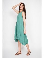 Le Jardin du Lin Lniana sukienka w kolorze turkusowym rozmiar: 34. Niebieskie sukienki Le jardin du lin, bez wzorów, ze lnu, z asymetrycznym kołnierzem, bez ramiączek, midi, asymetryczne. Za 130.99 zł.